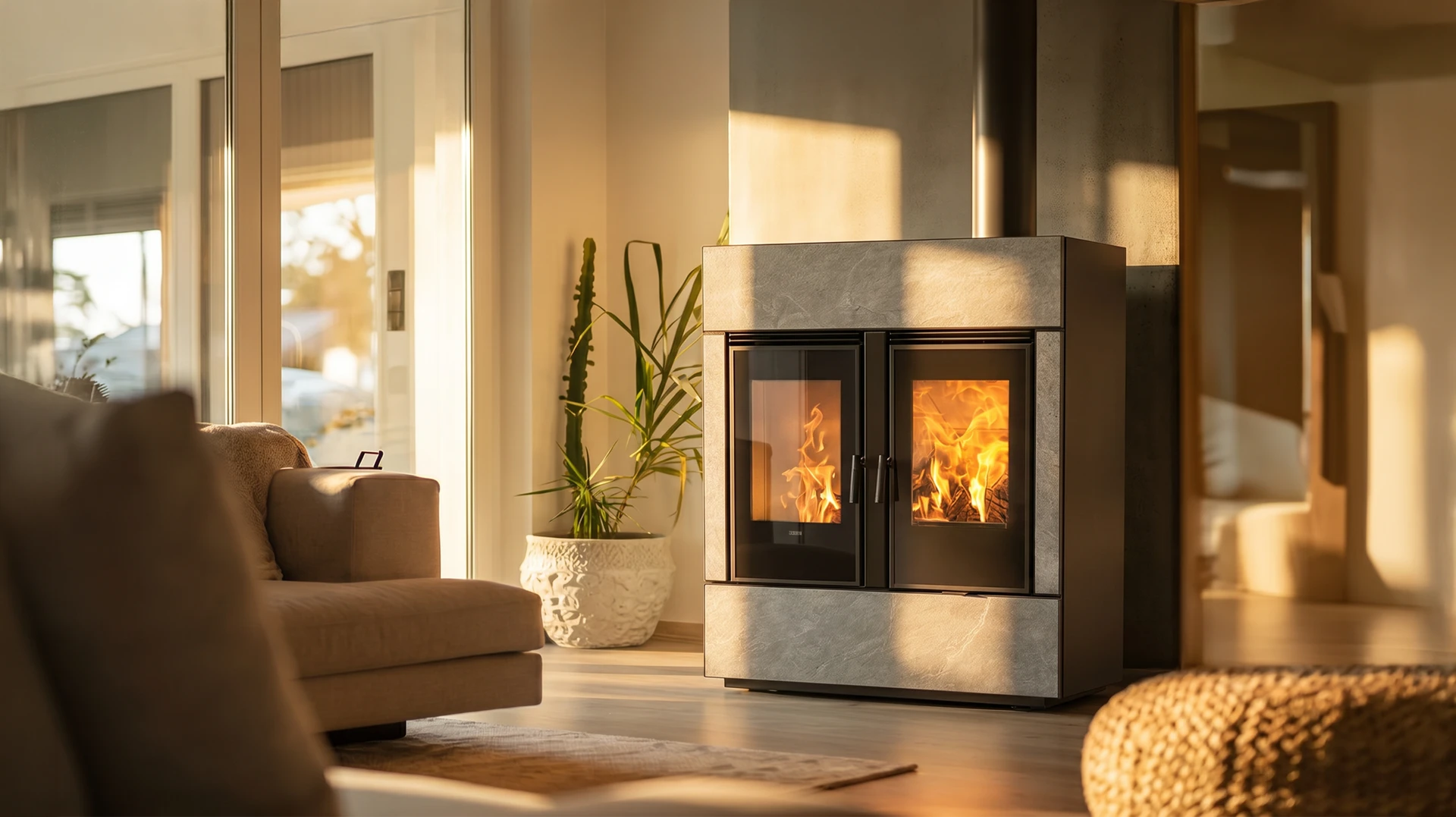 Intérieur résidentiel chaleureux avec poêle à granulés en fonctionnement, flammes visibles par la vitre